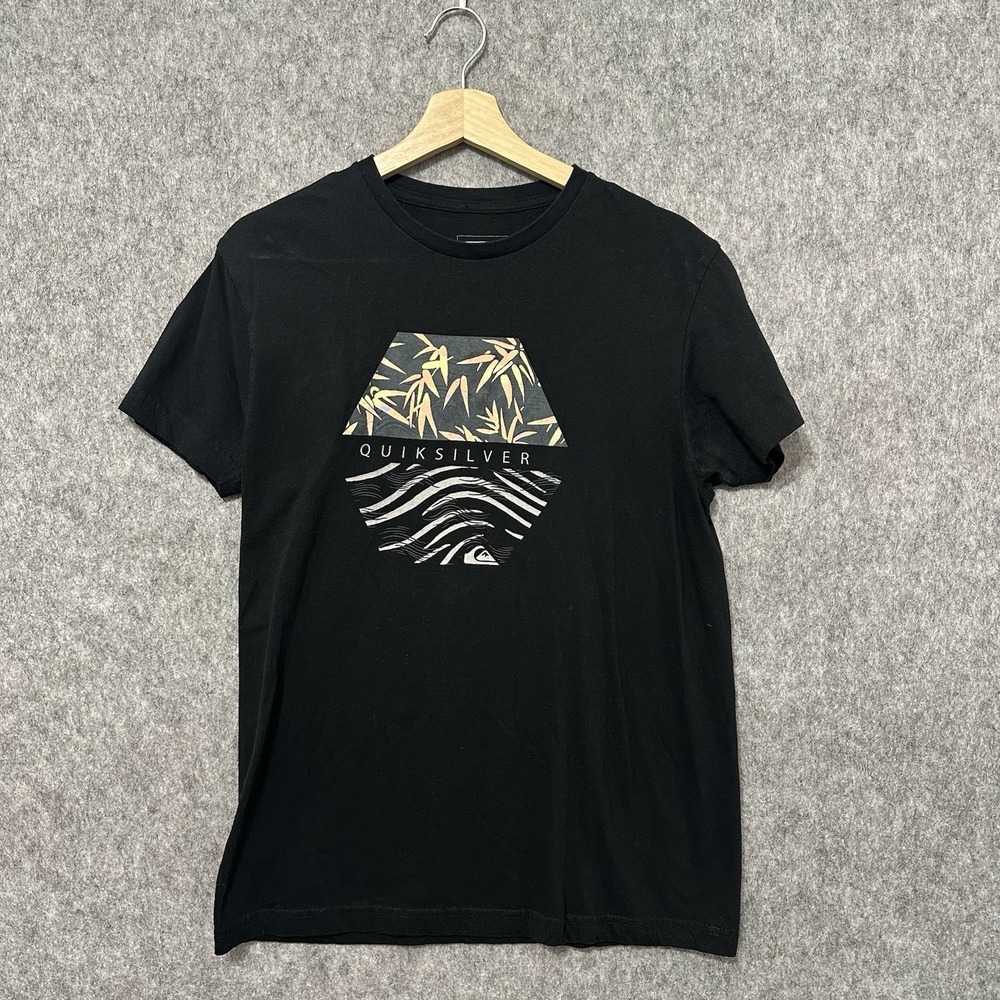 Quiksilver Mens M Graphic T-Shirt Black Bamboo Palm Surf Logo Regular Fit Y2K